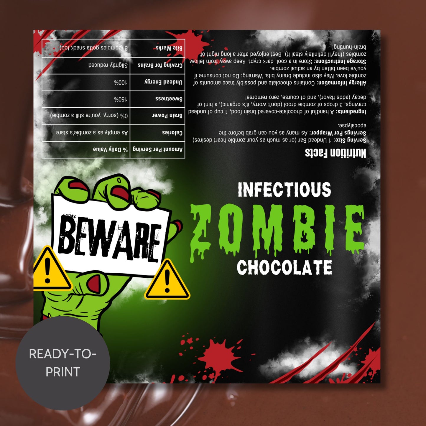 Printable and editable Zombie Halloween chocolate bar wrappers featuring spooky zombie hands and gory design, perfect for Halloween treats and parties.