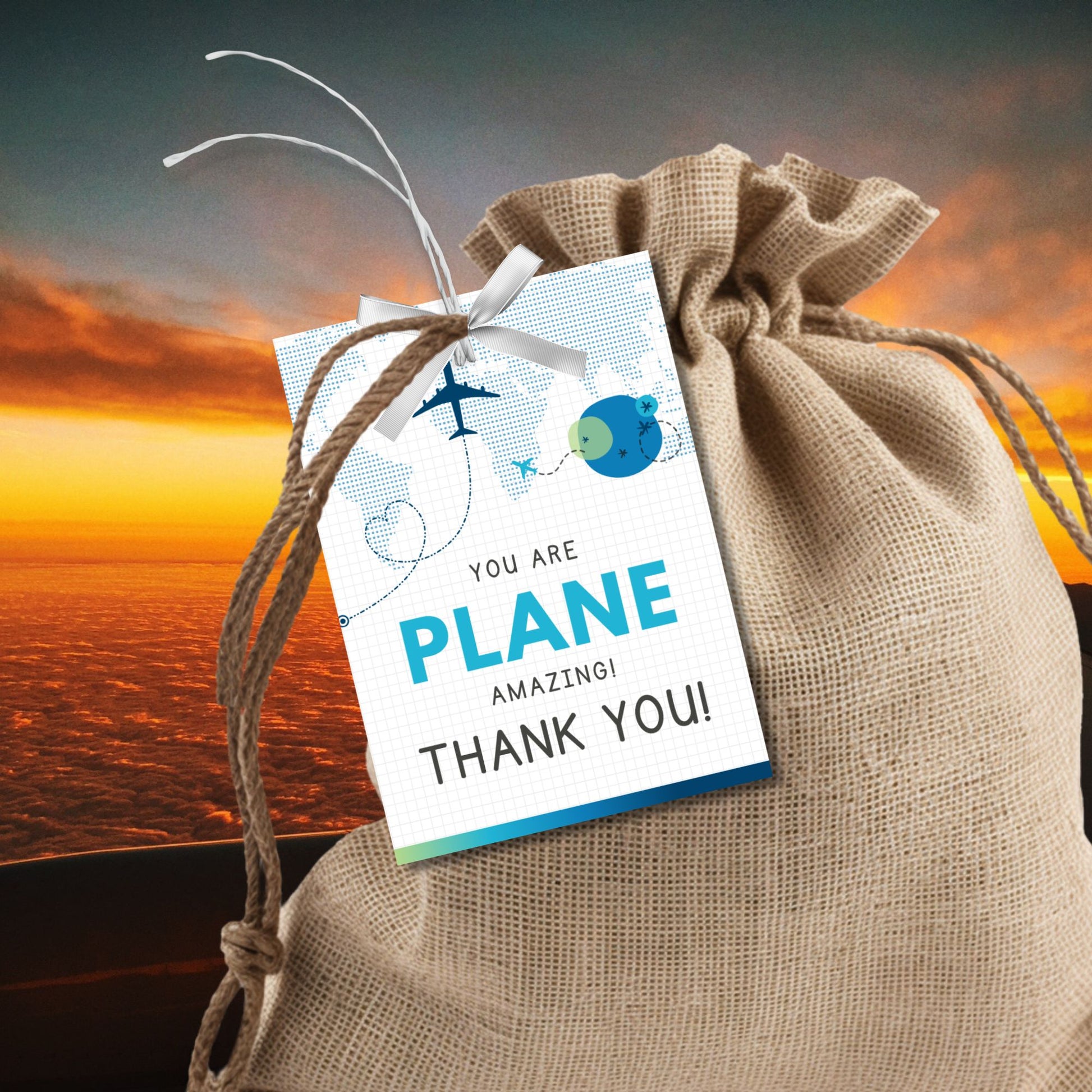 Printable aviation thank you gift tags in cool blue and teal tones with airplane design, created for flight crew appreciation gifts.