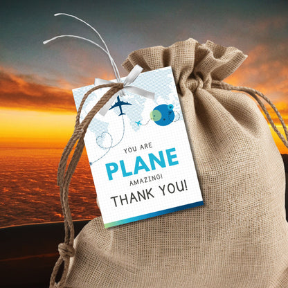 Printable aviation thank you gift tags in cool blue and teal tones with airplane design, created for flight crew appreciation gifts.