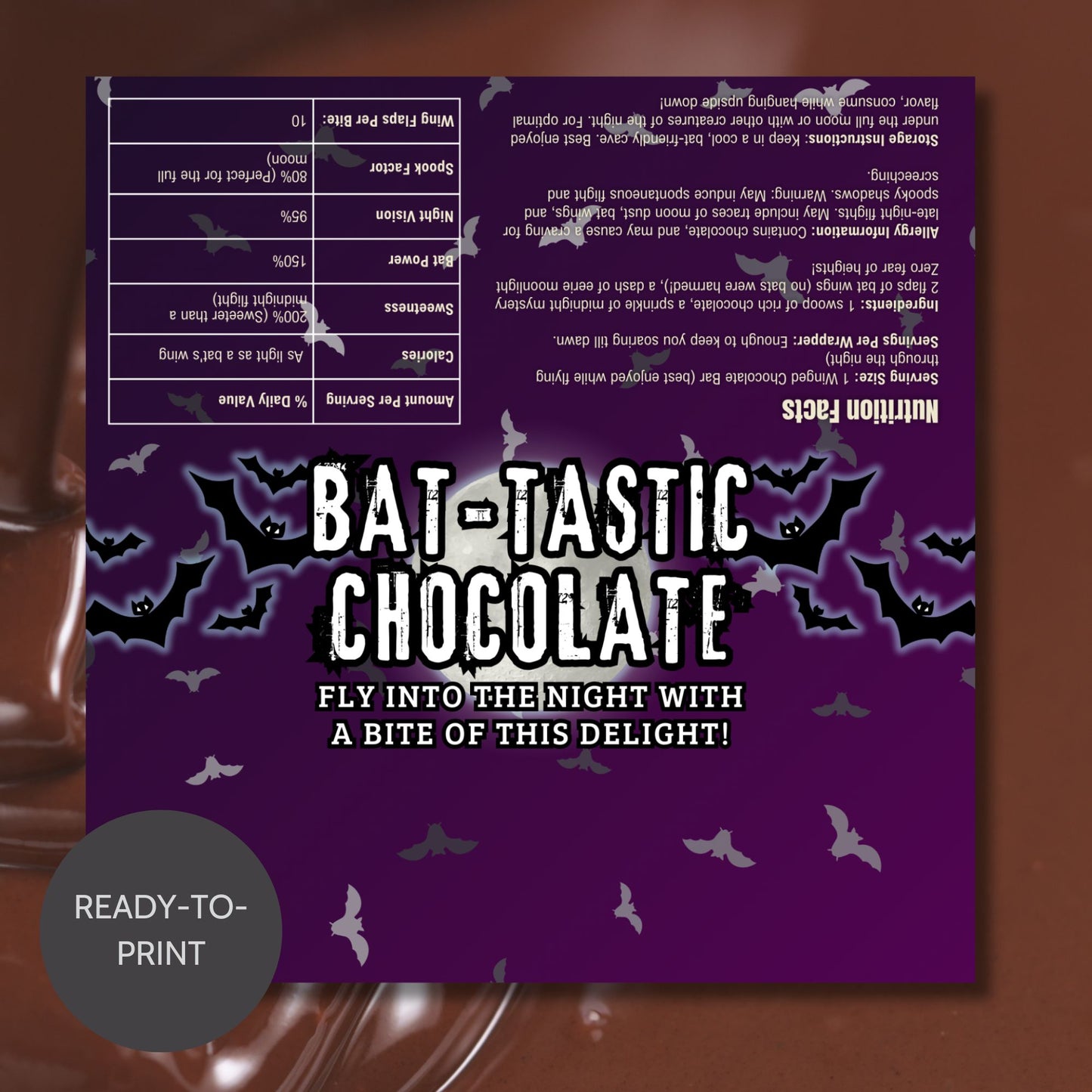 Printable and editable bat-themed Halloween chocolate bar wrapper featuring bats and a full moon, perfect for spooky treats and Halloween parties.