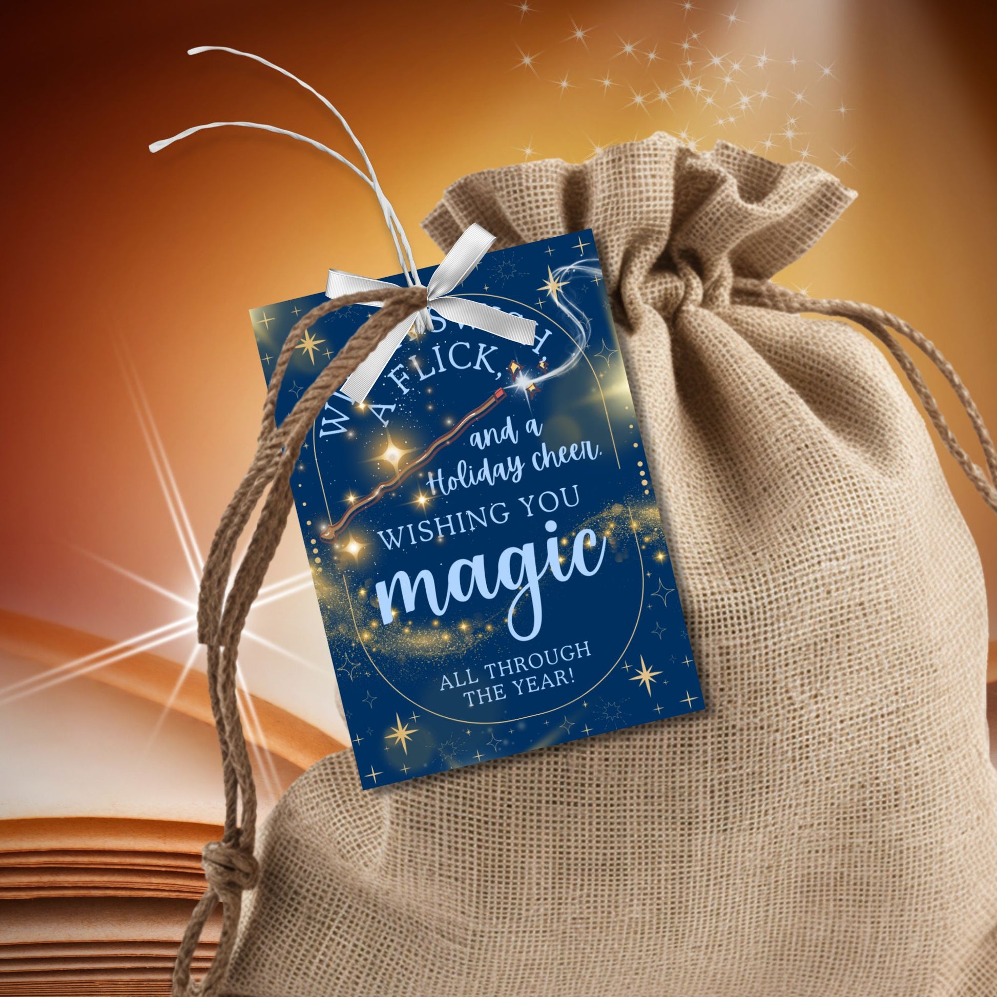 Harry Potter-inspired holiday gift tags featuring a wand, swirling gold magic, and starry background with the message 'With a Swish & Flick and Holiday Cheer, Wishing You Magic All Through the Year.'