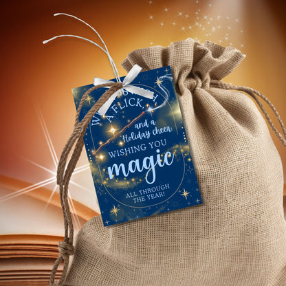 Harry Potter-inspired holiday gift tags featuring a wand, swirling gold magic, and starry background with the message 'With a Swish & Flick and Holiday Cheer, Wishing You Magic All Through the Year.'