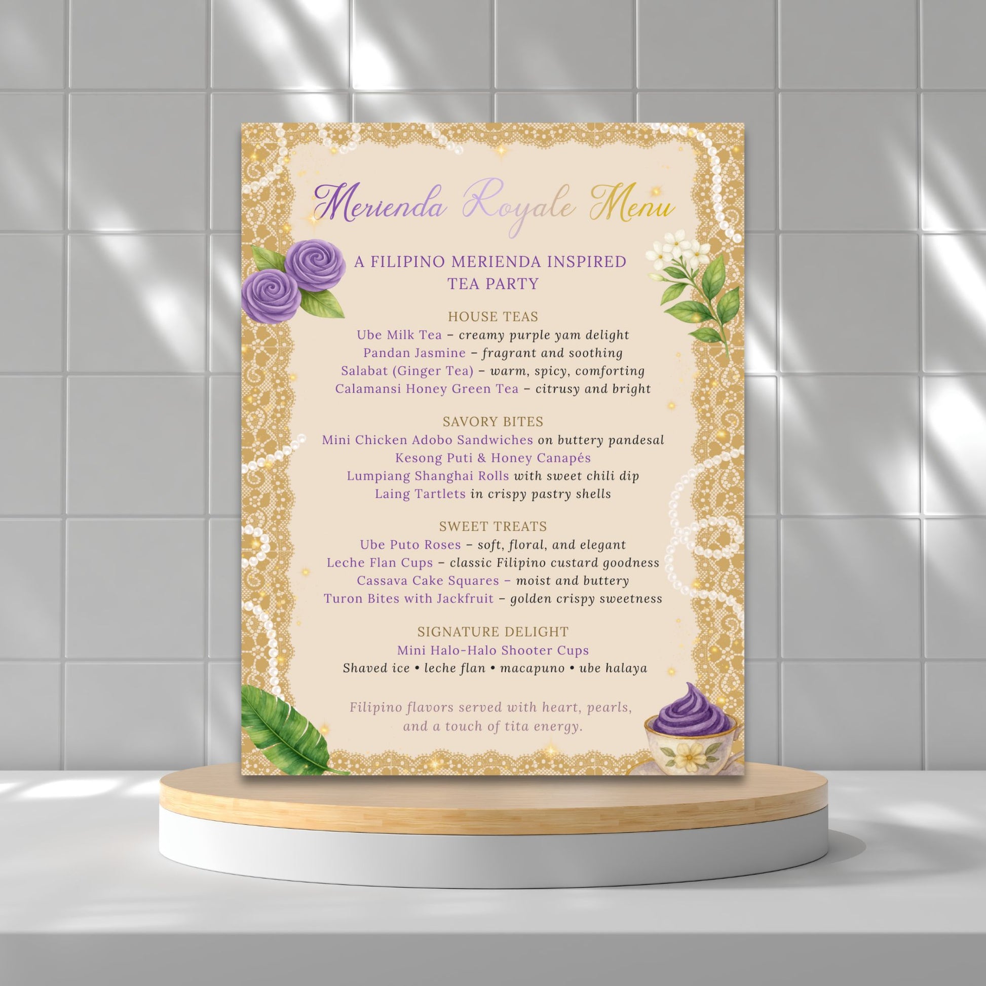 Menu card for a Filipino Merienda inspired tea party on a stand against a tiled wall.
