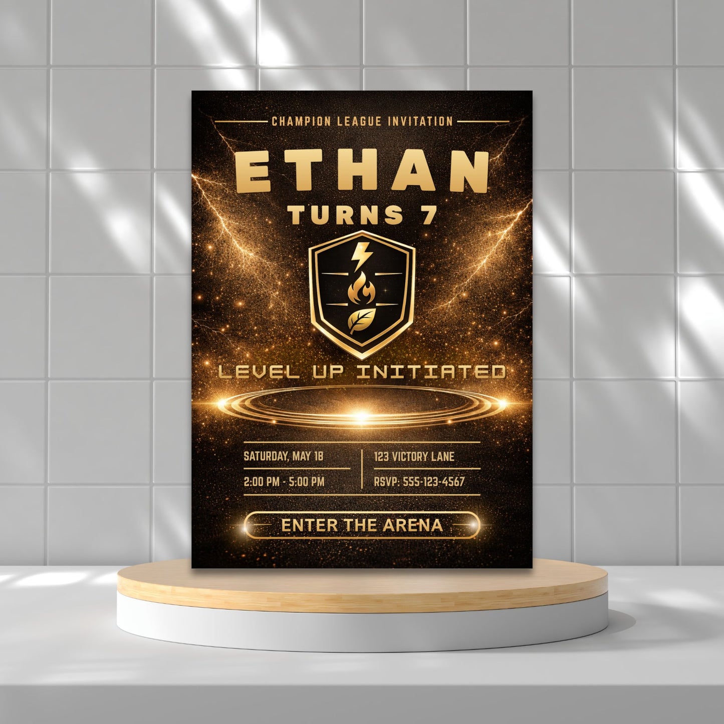Editable luxury black and gold monster trainer inspired birthday invitation with glowing arena, elite badge, and customizable party details in Canva