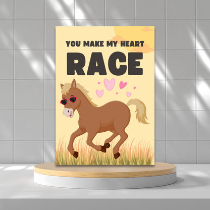 Printable Valentine’s Day Greeting Card featuring the phrase “You Make My Heart Race” with a horse design. Designed as a 5x7 PDF on an 8.5 x 11 sheet with two cards per page. A heartfelt and elegant Valentine’s card for horse lovers and friends.