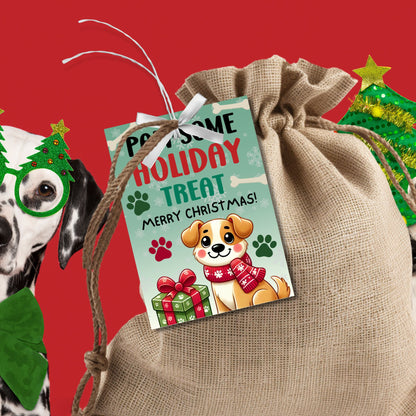 Christmas gift tags featuring an adorable puppy with a scarf and holiday gifts, paired with the message "Paw-some Holiday Treat." These printable and editable tags are perfect for adding a playful touch to holiday gifts for pet lovers.