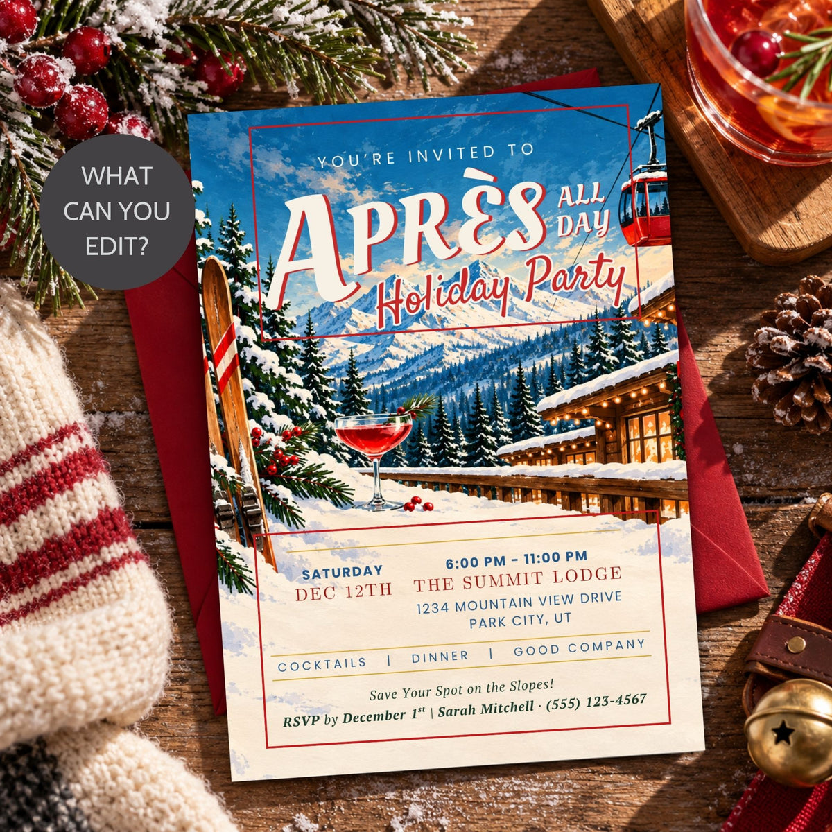 A festive aprés all day holiday party invitation card styled on a rustic wooden table with a red envelope, a knit sweater, pinecones, and holiday greenery. The card features a winter mountain lodge scene with a ski cable car and a cocktail glass.