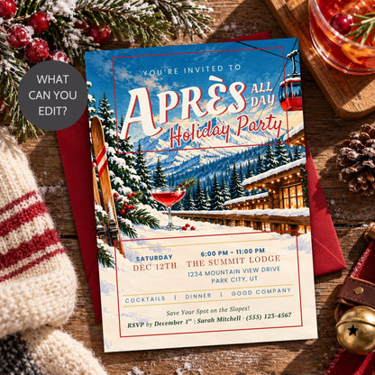 A festive aprés all day holiday party invitation card styled on a rustic wooden table with a red envelope, a knit sweater, pinecones, and holiday greenery. The card features a winter mountain lodge scene with a ski cable car and a cocktail glass.