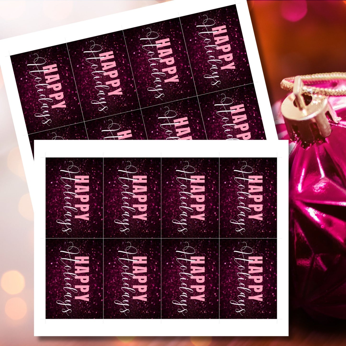 Printable pink and magenta Holiday gift tags featuring a glittery magenta background with light pink "Happy Holidays" text, sized 2.5 x 3.5 inches, 8 tags per sheet.