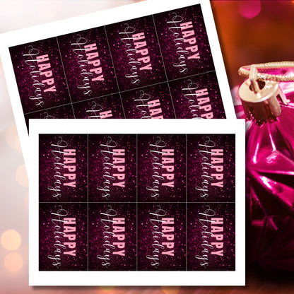 Printable pink and magenta Holiday gift tags featuring a glittery magenta background with light pink "Happy Holidays" text, sized 2.5 x 3.5 inches, 8 tags per sheet.