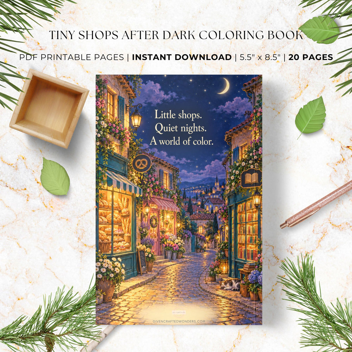 Tiny Shops After Dark printable coloring book featuring detailed miniature storefronts, moonlit shop scenes, and colorful illustrated covers.