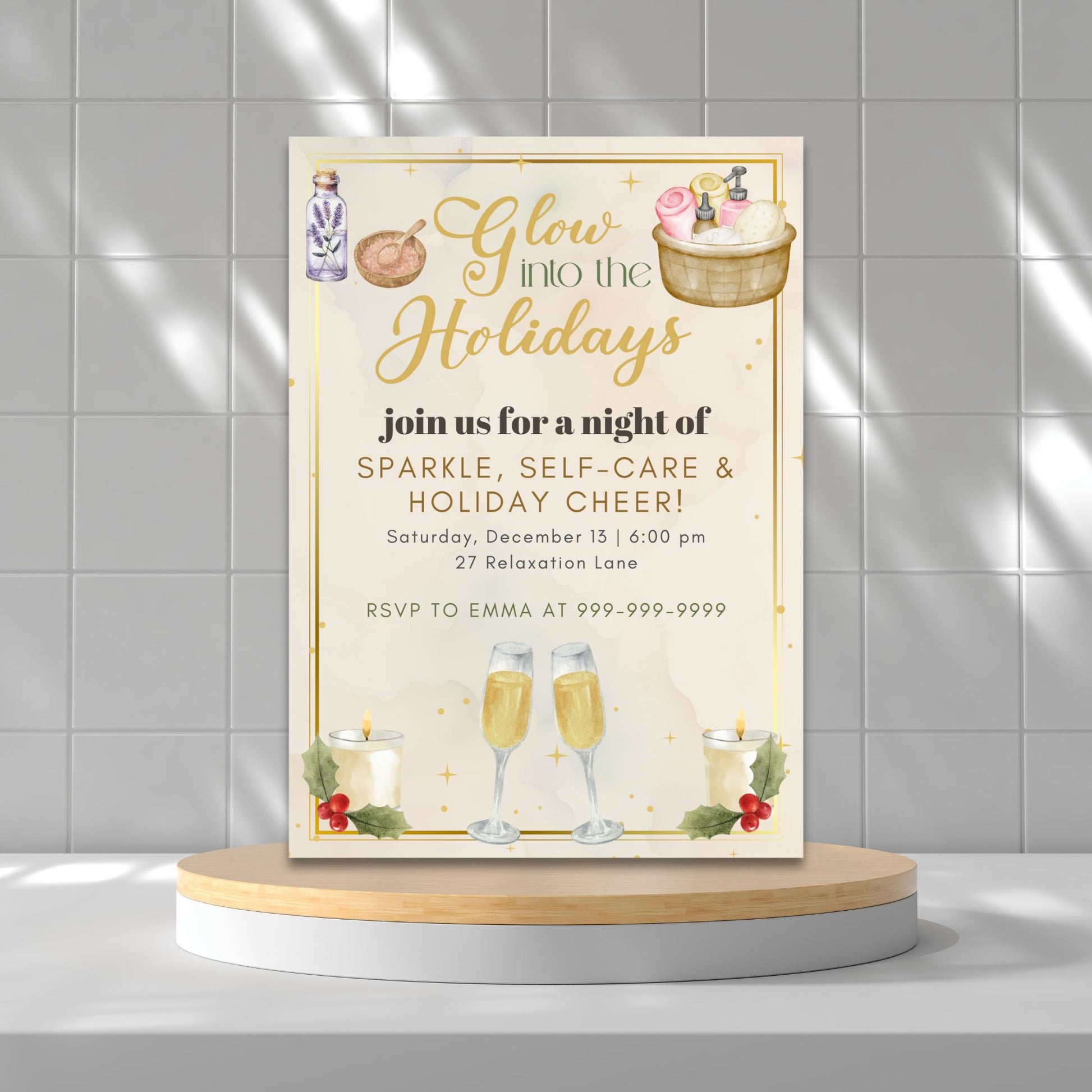 Invitation card for a holiday event with champagne glasses and self-care items on a gray tiled wall background.