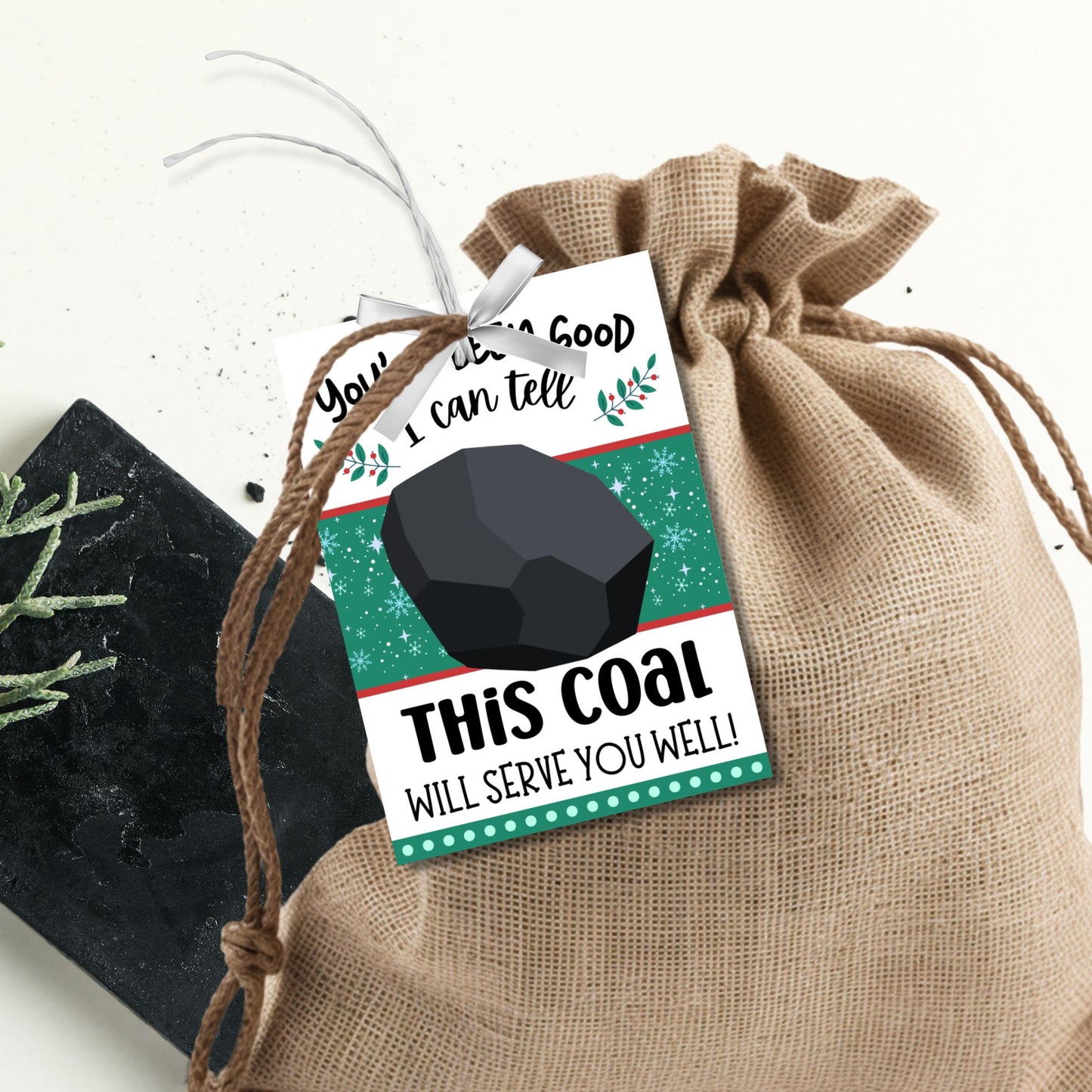 Festive and funny printable gift tags reading, "You've Been Good, I Can Tell, This Coal Will Serve You Well!" Ideal for coal-themed gifts like soap or treats. Includes editable Canva template and printable PDF.