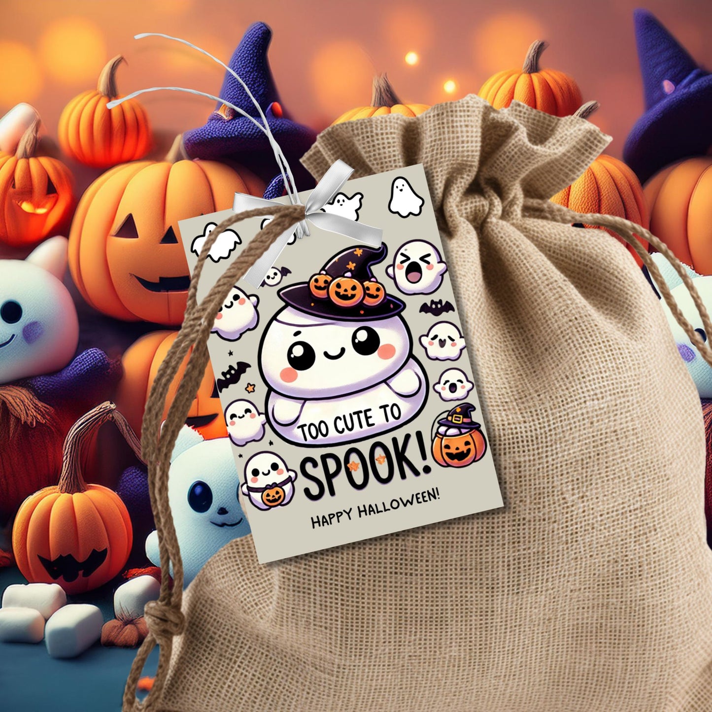 Cute Halloween gift tags featuring a squishy ghost in a witch hat, surrounded by ghosts and pumpkins. The tag reads "Too Cute to Spook!" and is perfect for Squishmallow-themed Halloween gifts. The tags are 2.5 x 3.5 inches and come with a printable PDF and an editable template.