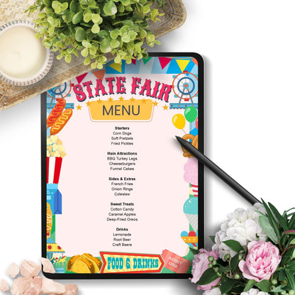 Editable State Fair Menu Template showcasing classic fair food options like corn dogs, funnel cakes, and lemonade, perfect for any carnival, fundraiser, or BBQ event.