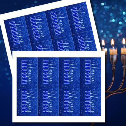 A set of printable Hanukkah gift tags featuring "Happy Hanukkah" in white and blue text on a sparkling blue glitter background. Perfect for Hanukkah gift wrapping.