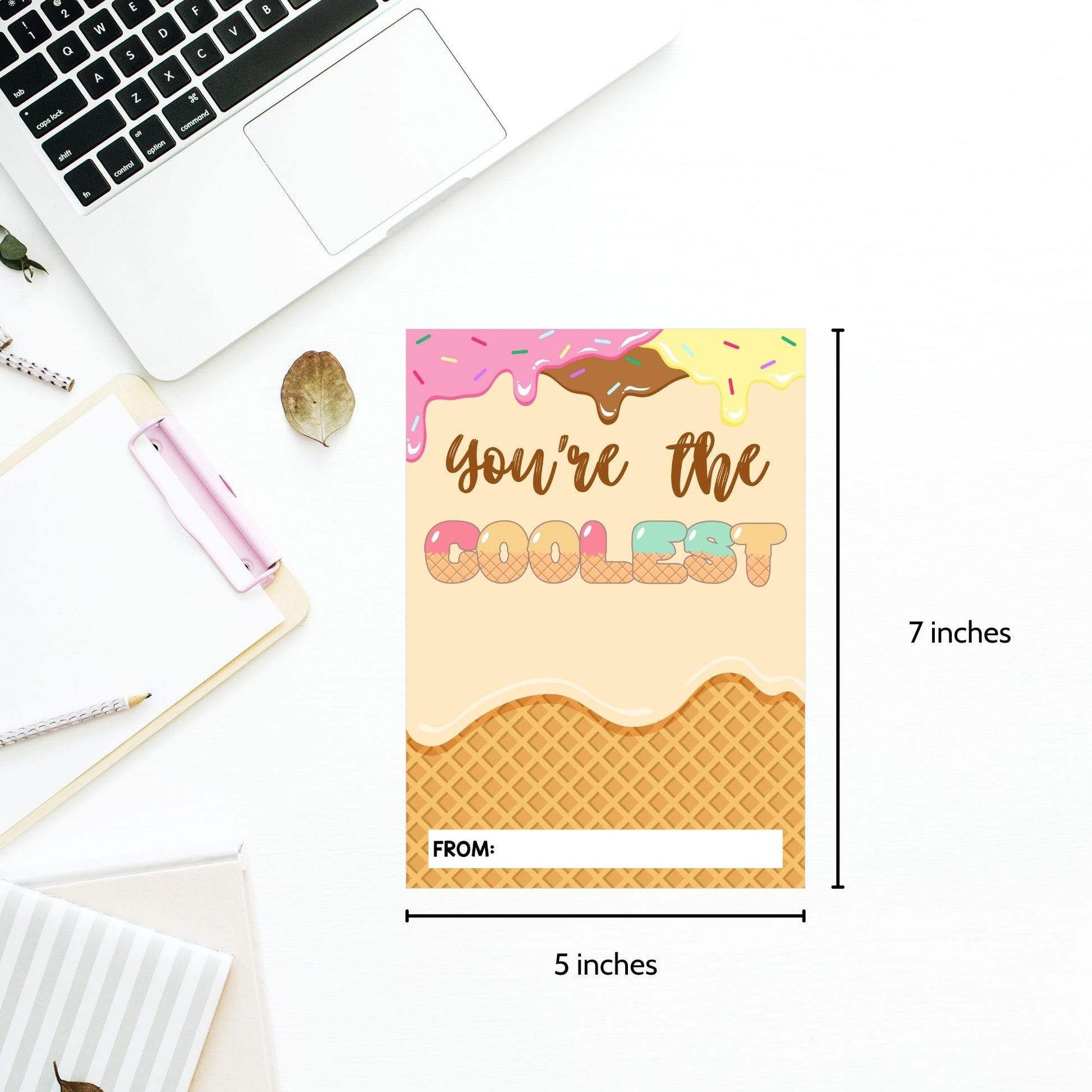 Printable ice cream shop gift card holders for students and anyone, 5x7 inches, laid out on an 8.5 x 11 inch sheet, with a playful "You're the Coolest" message.