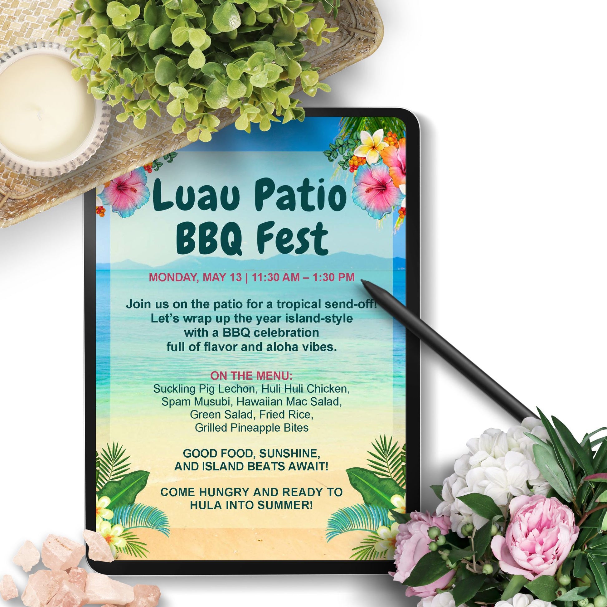 Editable Luau BBQ Fest flyer featuring a tropical beach background, vibrant florals, and customizable text for summer-themed events, school parties, or corporate cookouts.