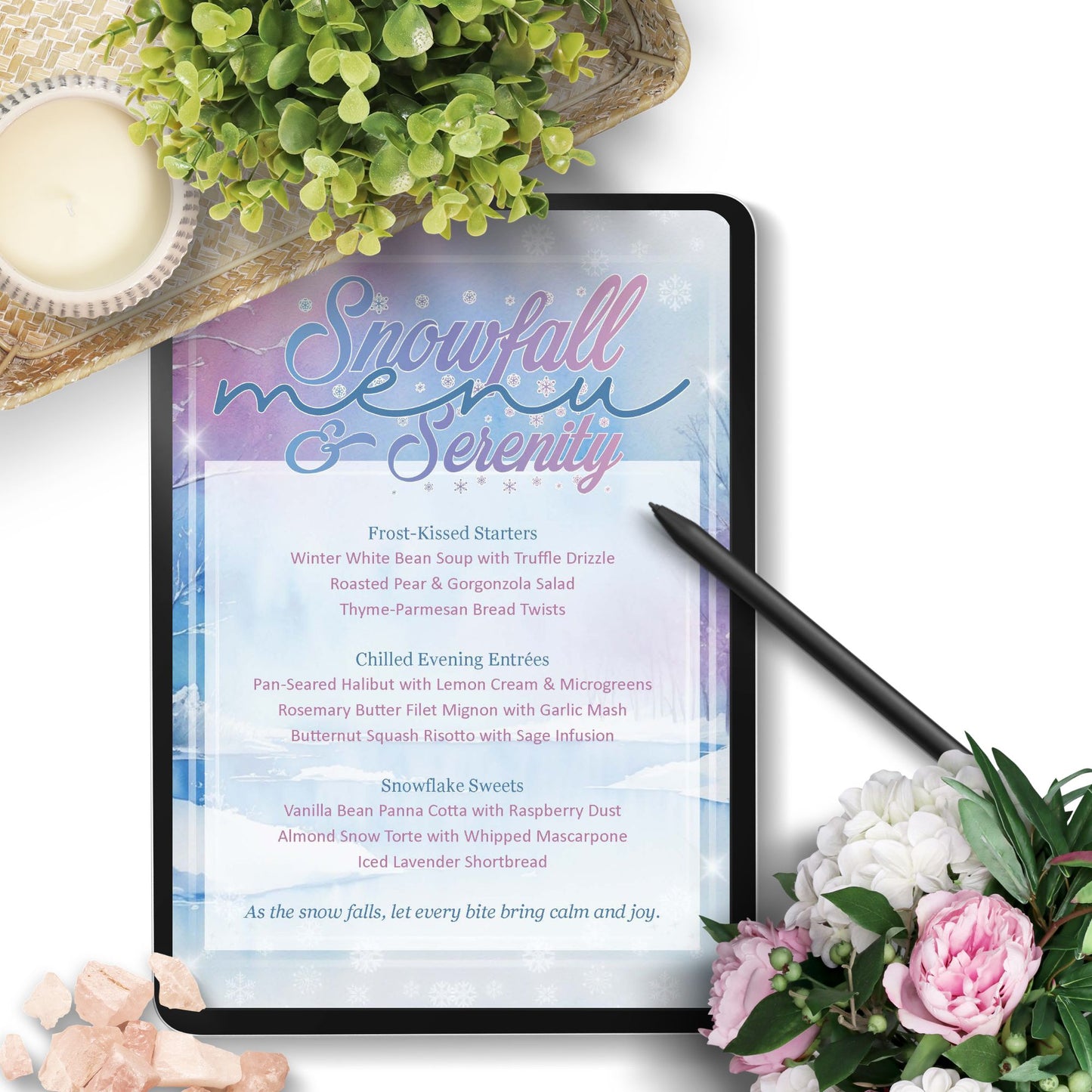 Tablet displaying a menu with 'Snowfall Serenity' theme, surrounded by flowers and a candle.