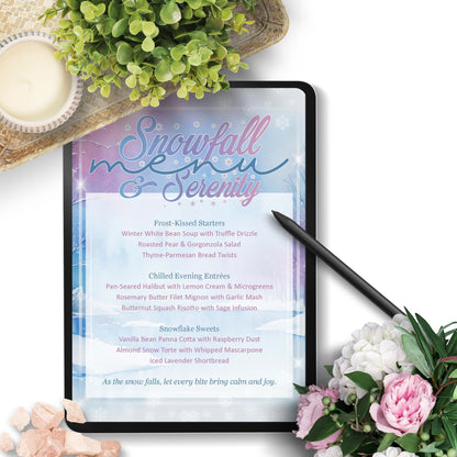 Tablet displaying a menu with 'Snowfall Serenity' theme, surrounded by flowers and a candle.