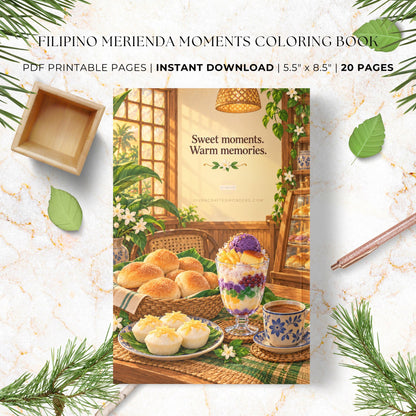 Filipino Merienda Moments Coloring Book printable pages set displayed on a white marble background with decorative green leaves, pine branches, a small wooden tray, and a pencil. The central cover art shows a warm Filipino merienda scene with pastries, a dessert glass, and a cup of tea.