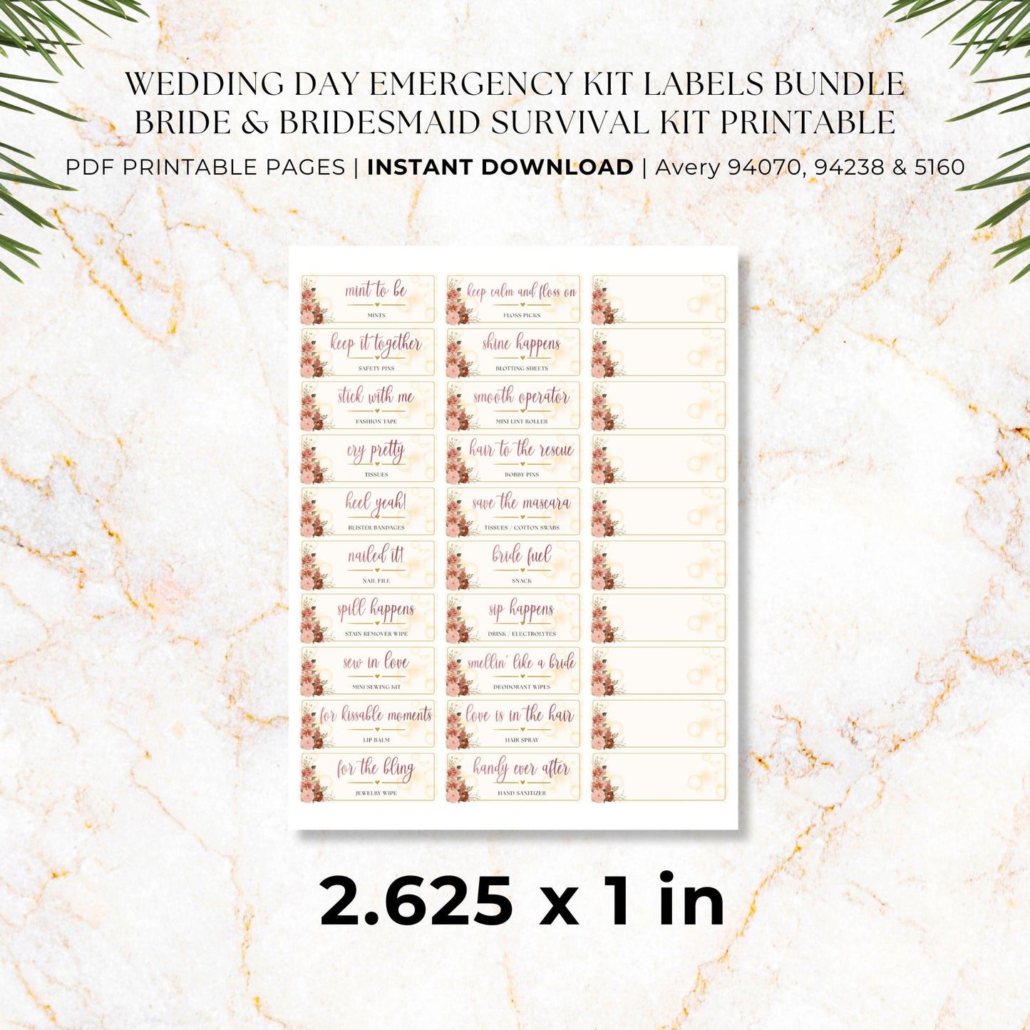 Small 2.625 x 1 wedding day emergency kit labels for mints, safety pins, tissues, fashion tape and bridal survival supplies