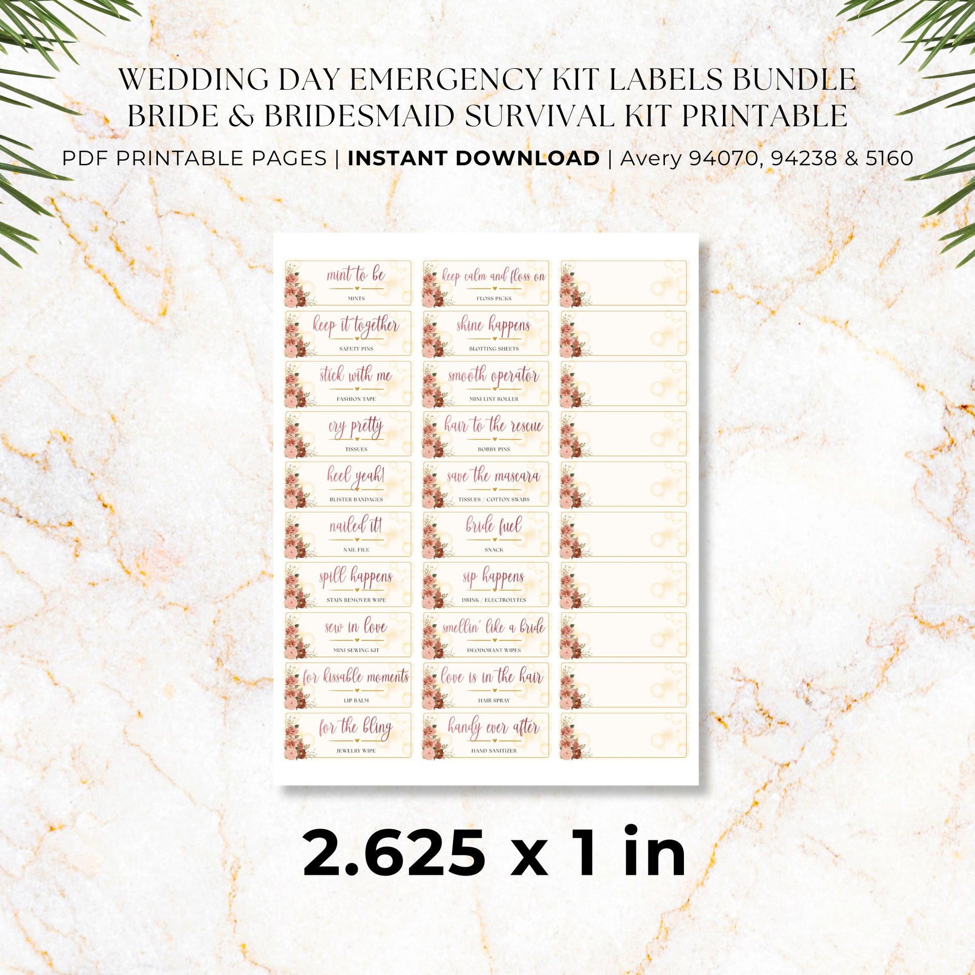 Small 2.625 x 1 wedding day emergency kit labels for mints, safety pins, tissues, fashion tape and bridal survival supplies