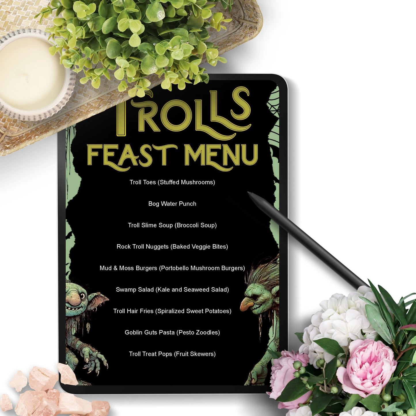 Editable Trolls Feast Menu featuring spooky, fantasy-themed food items like Troll Toes, Bog Water Punch, and Goblin Guts Pasta, perfect for Halloween or fantasy-themed parties.