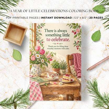 A promotional graphic for a printable coloring book set, showing the cover of a book titled 'There is always something little to celebrate.' surrounded by decorative leaves, pine branches, a wooden tray, a pencil, and a marble background.