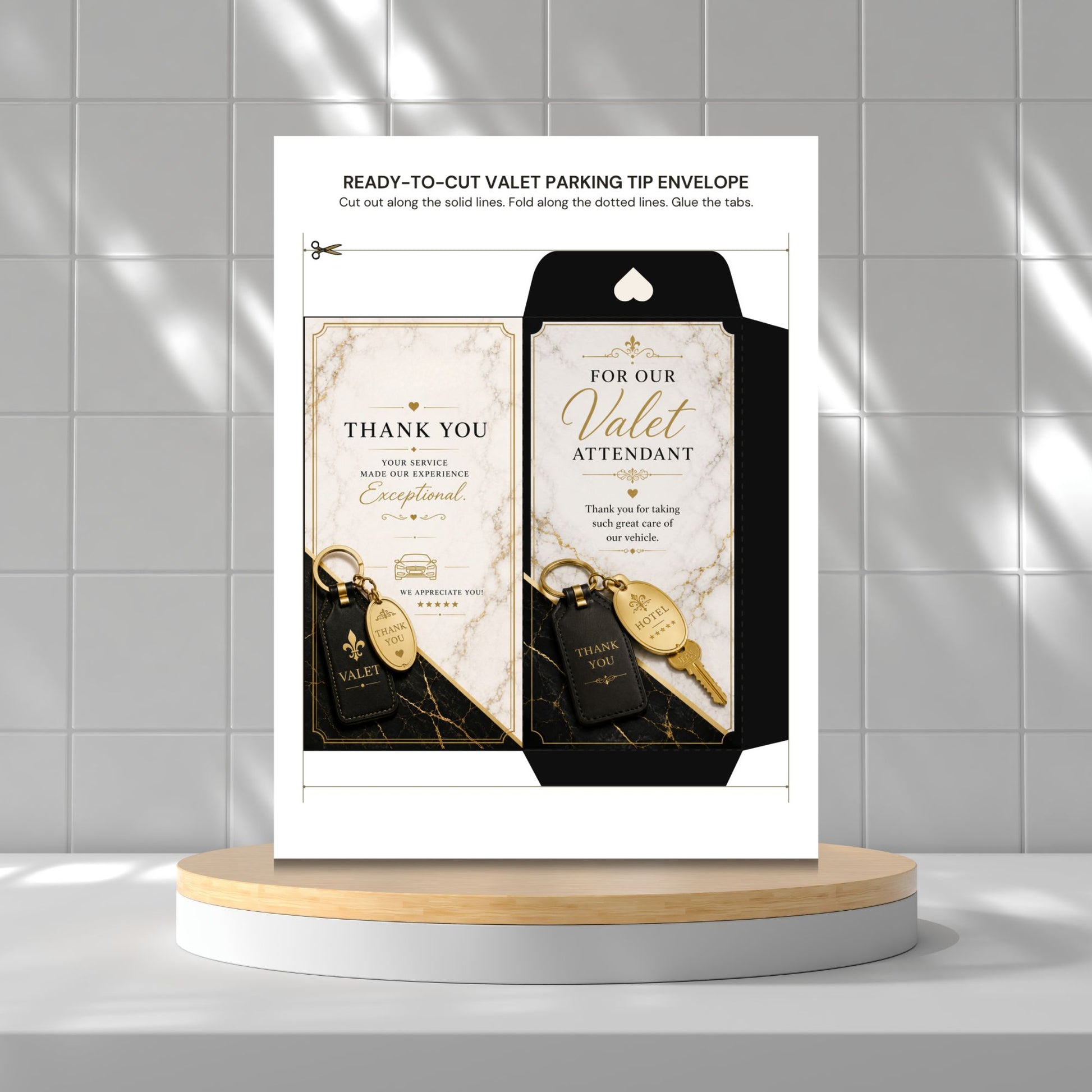 A printed valet parking tip envelope card displayed upright on a round pedestal against a tiled wall. The card shows a before-and-after style layout with a black envelope on the right and an opened envelope on the left, both with cream marble-style panels and gold text.