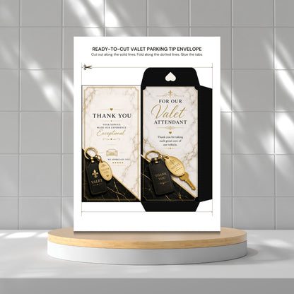 A printed valet parking tip envelope card displayed upright on a round pedestal against a tiled wall. The card shows a before-and-after style layout with a black envelope on the right and an opened envelope on the left, both with cream marble-style panels and gold text.