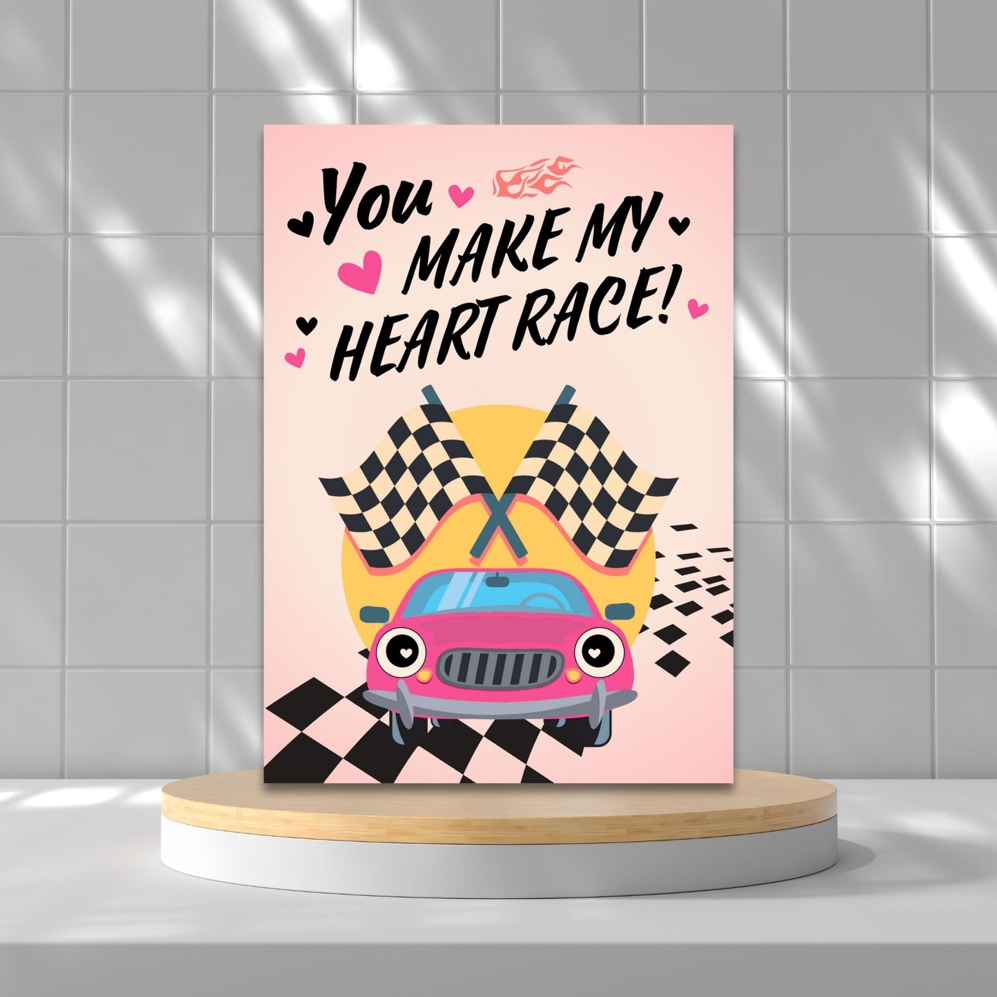 Printable Valentine’s Day Greeting Card featuring the phrase “You Make My Heart Race.” Designed as a 5x7 PDF on an 8.5 x 11 sheet with two cards per page. A fun and high-energy Valentine’s card for car lovers.