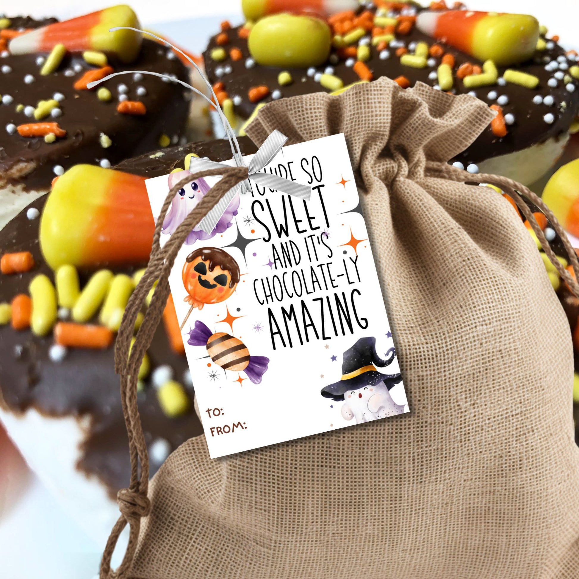 Halloween-themed printable gift tags with the message "You're So Sweet and It's Chocolate-ly Amazing" featuring cute ghosts, witches' hats, and chocolate candies. Tags are 2.5 x 3.5 inches, laid out 8 per sheet on a standard 8.5 x 11-inch page. Includes a printable PDF and a PDF with a link to an editable Canva template.