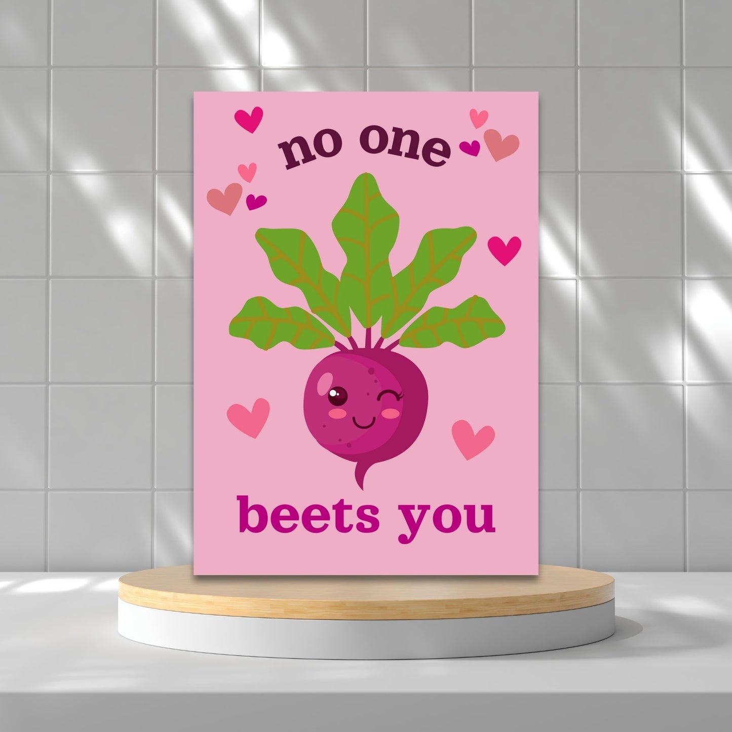 Printable Valentine’s Day Greeting Card featuring the pun “No One Beets You.” Designed as a 5x7 PDF on an 8.5 x 11 sheet with two cards per page. A cute and funny Valentine’s card for food lovers.