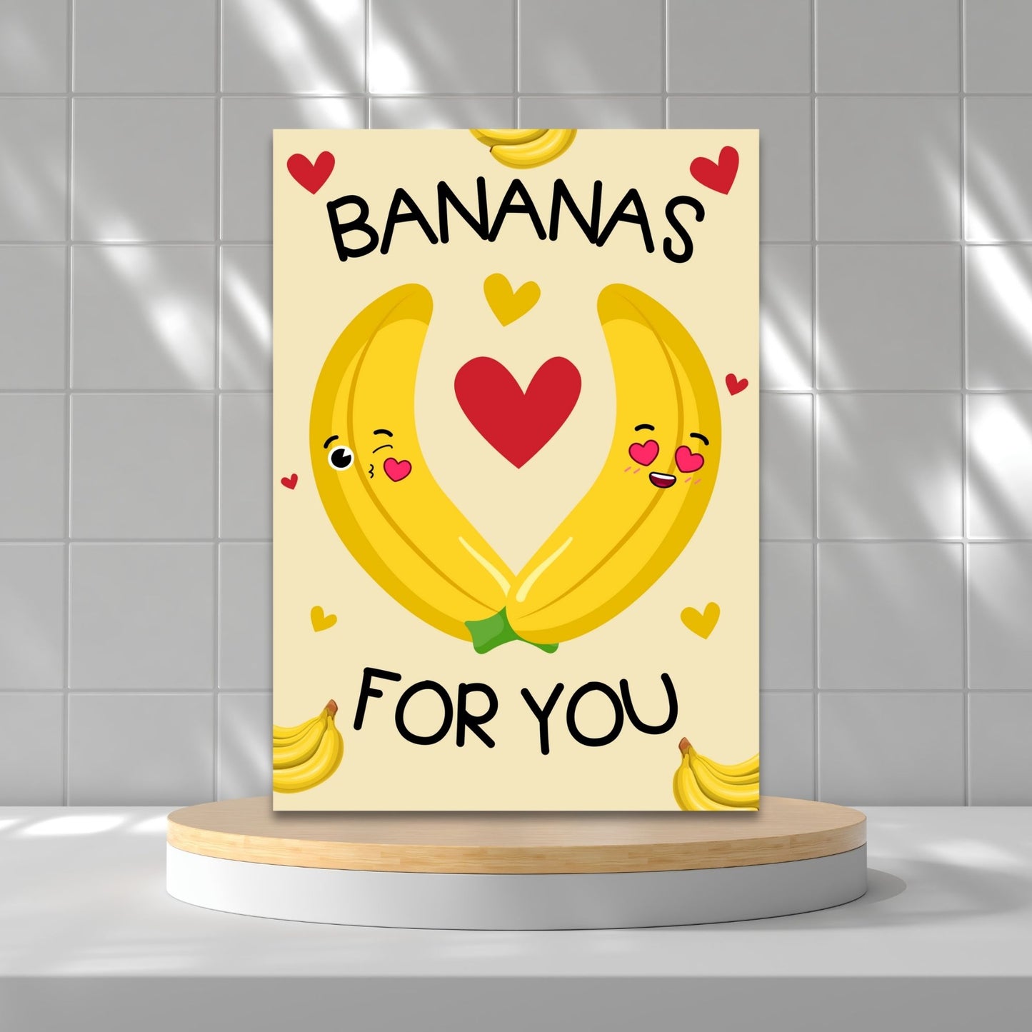 Printable Valentine’s Day Greeting Card featuring the pun “I'm Bananas for You.” Designed as a 5x7 PDF on an 8.5 x 11 sheet with two cards per page. A cute and fun Valentine’s card for fruit lovers.