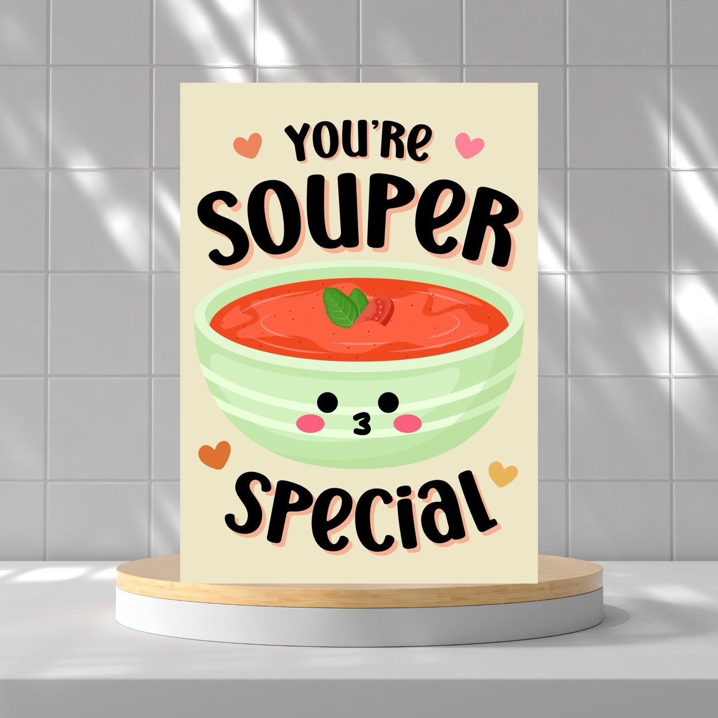 Printable Valentine’s Day card featuring the phrase “You’re Souper Special” with a cozy soup design. Designed as a 5x7 PDF on an 8.5 x 11 sheet with two cards per page. A comforting and punny Valentine’s card for loved ones.