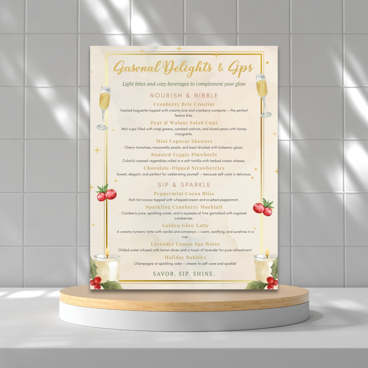 Elegant editable spa food and drink menu template – “Seasonal Delights & Sips” featuring holiday-inspired refreshments and cozy spa treats, designed to match the Glow into the Holidays collection by Given Crafted Wonders.