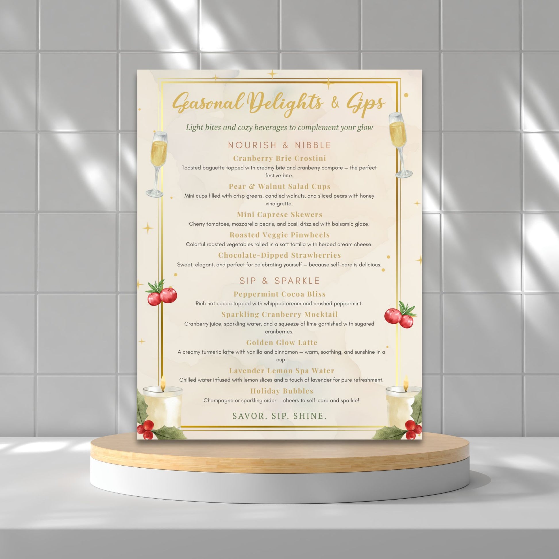Elegant editable spa food and drink menu template – “Seasonal Delights & Sips” featuring holiday-inspired refreshments and cozy spa treats, designed to match the Glow into the Holidays collection by Given Crafted Wonders.