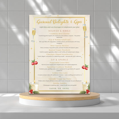 Elegant editable spa food and drink menu template – “Seasonal Delights & Sips” featuring holiday-inspired refreshments and cozy spa treats, designed to match the Glow into the Holidays collection by Given Crafted Wonders.