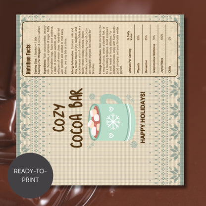 Cozy Cocoa Bar label with hot chocolate illustration on a textured background