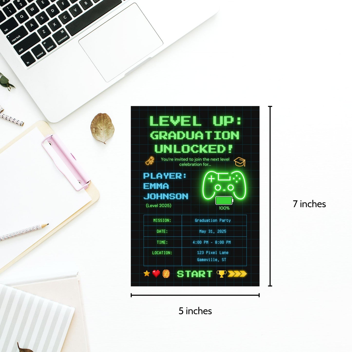 Editable 5x7 video game-themed graduation invitation with neon graphics, game controller icon, and retro gamer text layout. Canva editable.