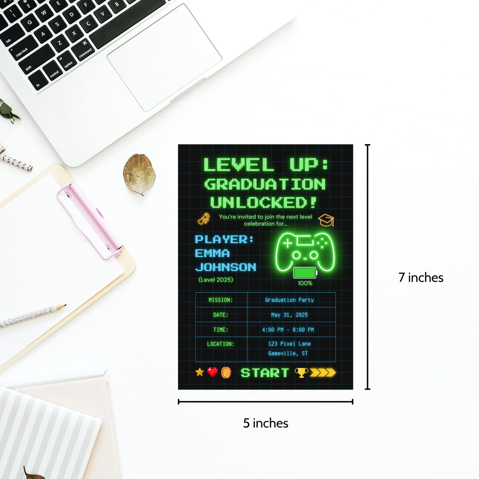 Editable 5x7 video game-themed graduation invitation with neon graphics, game controller icon, and retro gamer text layout. Canva editable.