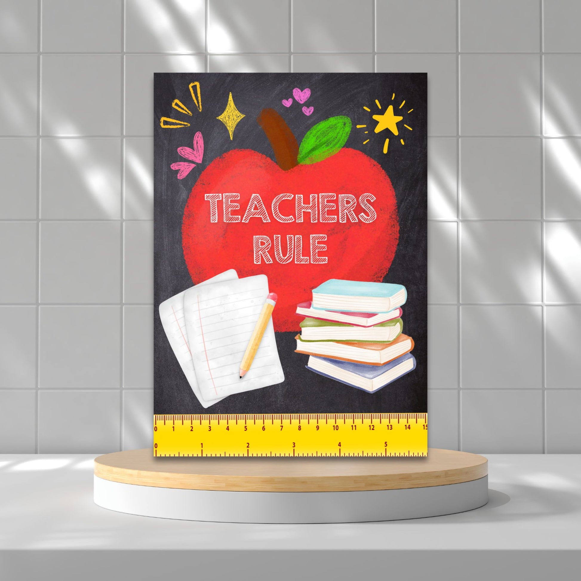 Printable Teacher Appreciation Greeting Card with colorful “Teachers Rule” ruler design – 5x7 digital download