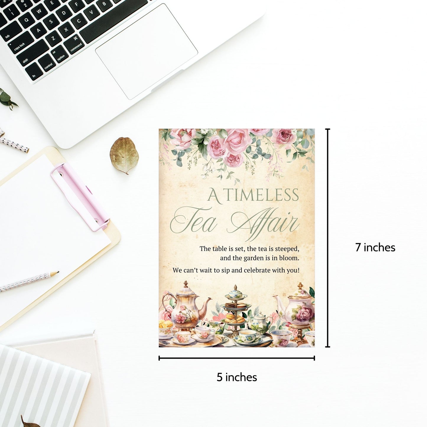 A vintage-inspired botanical tea party invitation featuring a floral watercolor design, antique parchment background, and elegant typography. Double-sided, fixed design with editable text in Canva, ideal for tea parties, bridal showers, and birthdays.