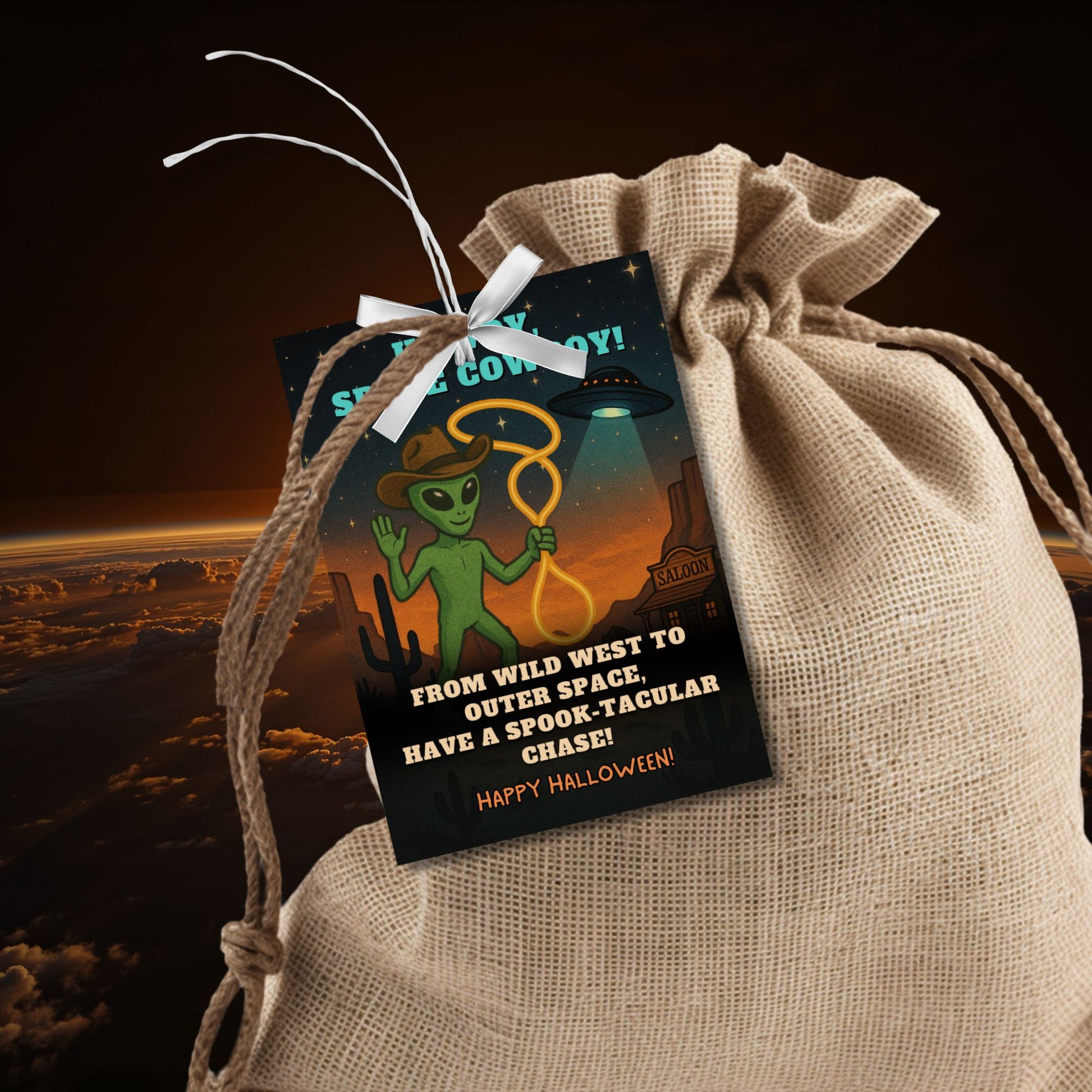 Alien holding a lasso on a Wild West Halloween gift tag with stars and space-themed elements, captioned "Howdy, Space Cowboy!"
