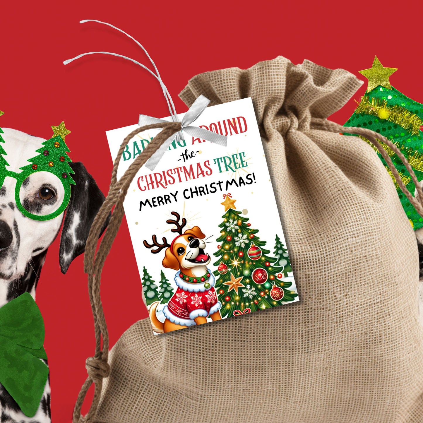 Christmas gift tags featuring a joyful dog with reindeer antlers and a festive sweater, surrounded by decorated Christmas trees, with the message "Barking Around the Christmas Tree." These printable and editable tags are perfect for dog lovers and add a fun holiday touch to gifts.