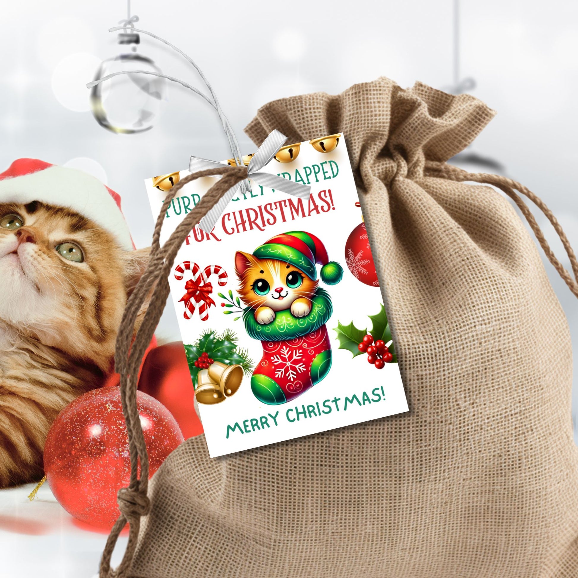 Christmas gift tags featuring a cute kitten snuggled in a festive stocking with holiday decorations like bells, candy canes, and holly, paired with the message "Purr-fectly Wrapped for Christmas!" These printable and editable tags add a cozy, festive touch to holiday gifts.