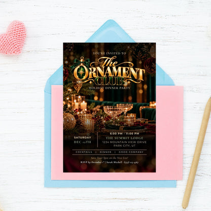 A holiday dinner party invitation card for 'The Ornament Club' is displayed on top of a light blue envelope and a pink card, set on a white wood background with a pink heart and a gold pen as props.