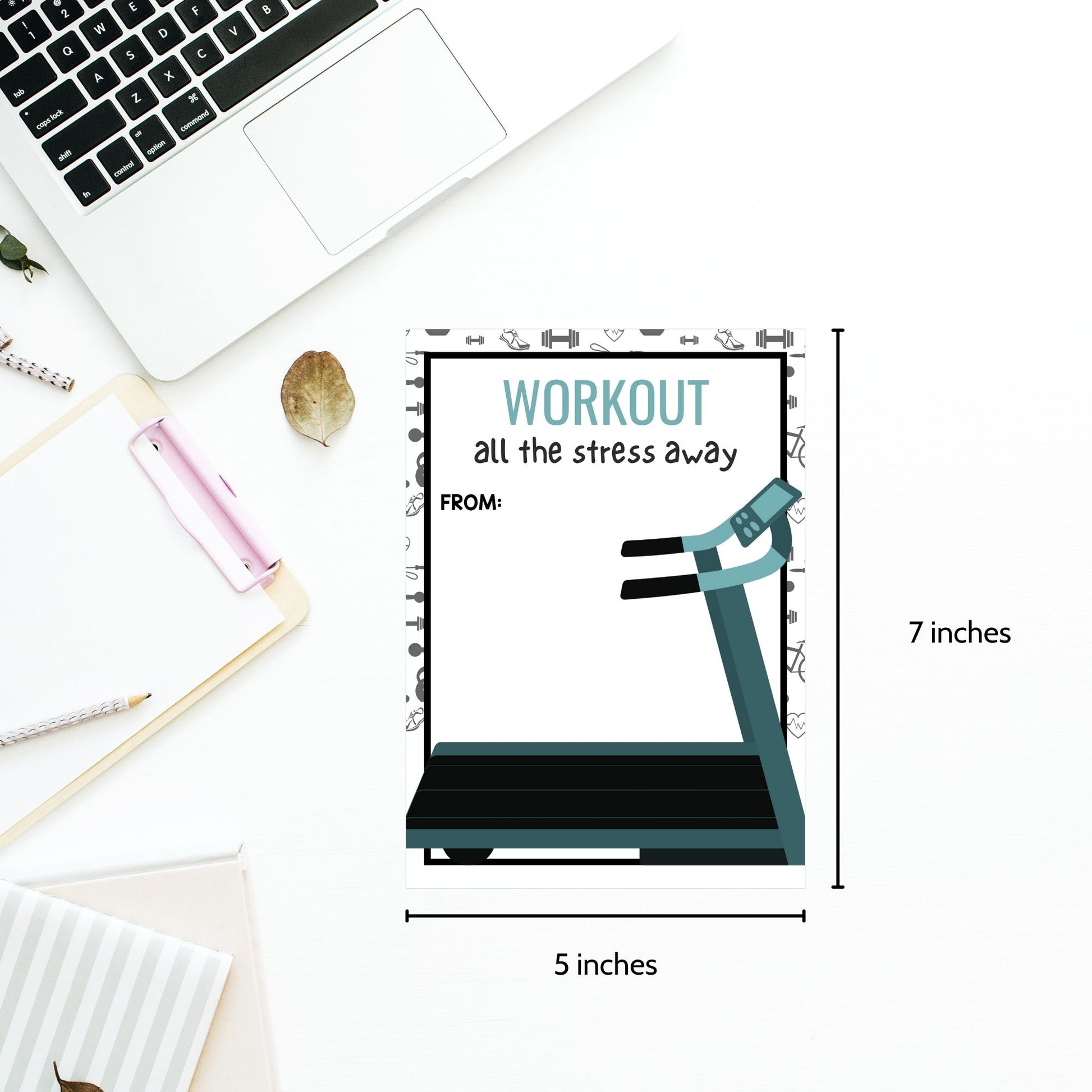 Printable fitness center gift card holders for students and anyone, 5x7 inches, laid out on an 8.5 x 11 inch sheet, with an energizing "Workout All the Stress Away" message.