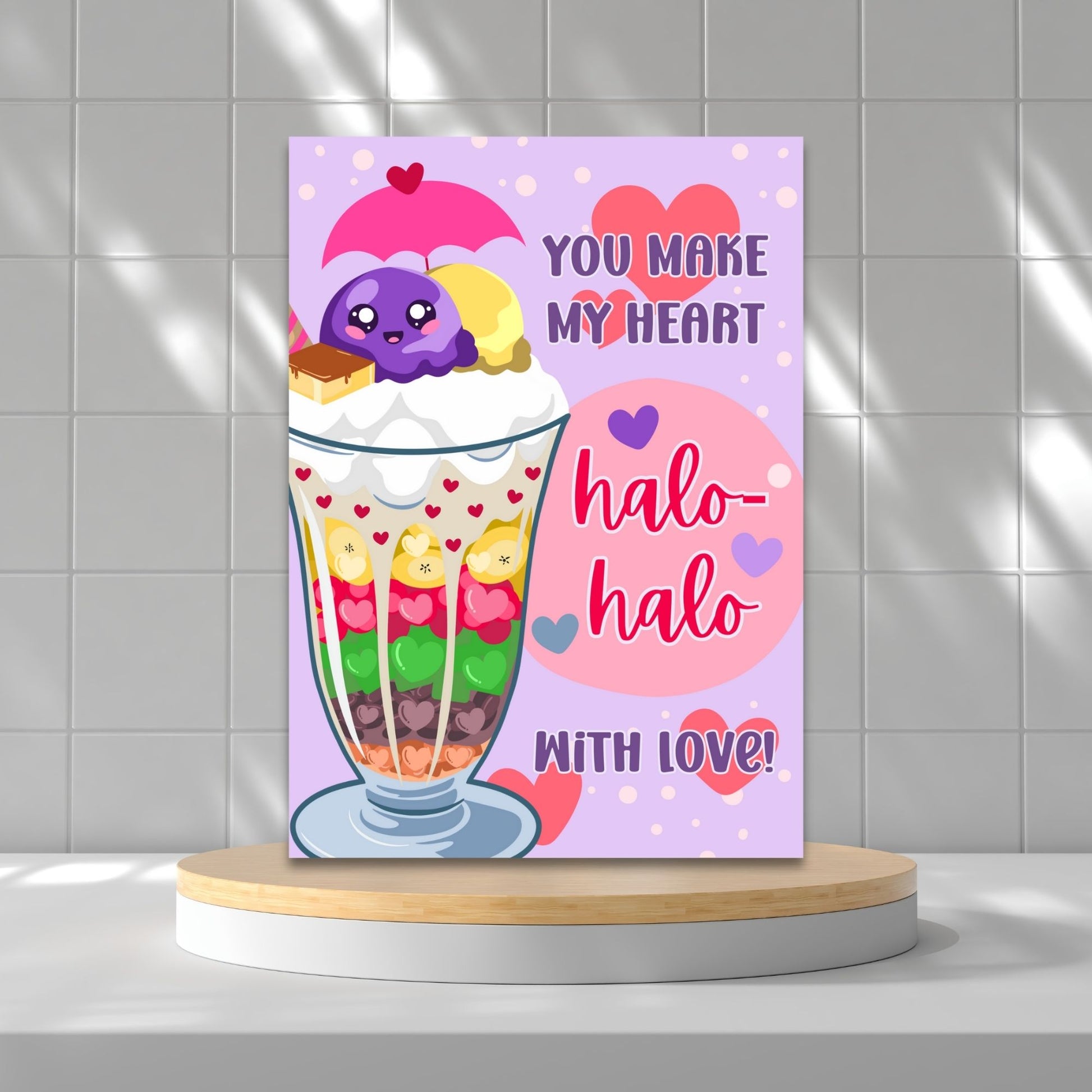 Printable Valentine’s Day card featuring the phrase “You Make My Heart Halo-Halo with Love” with an illustration of the Filipino dessert halo-halo. Designed as a 5x7 PDF on an 8.5 x 11 sheet with two cards per page. A punny and culturally inspired Valentine’s card for food lovers.